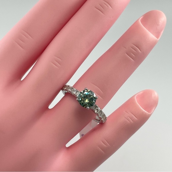 1ct‎ Certified Blue Green Moissanite Round Cut Sterling Silver Engagement Ring - Picture 3 of 10